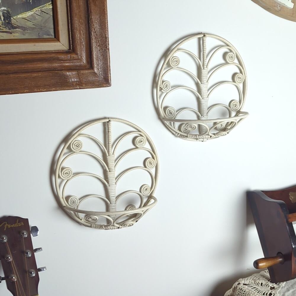 Vintage White Wicker Wall Pockets Set of Two Cottagecore Fairy Garden Wall Decor